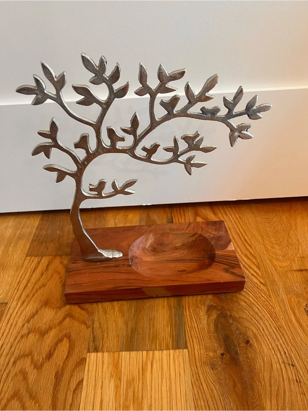Metal Tree Jewelry Stand with Wooden Base - Silver and Brown